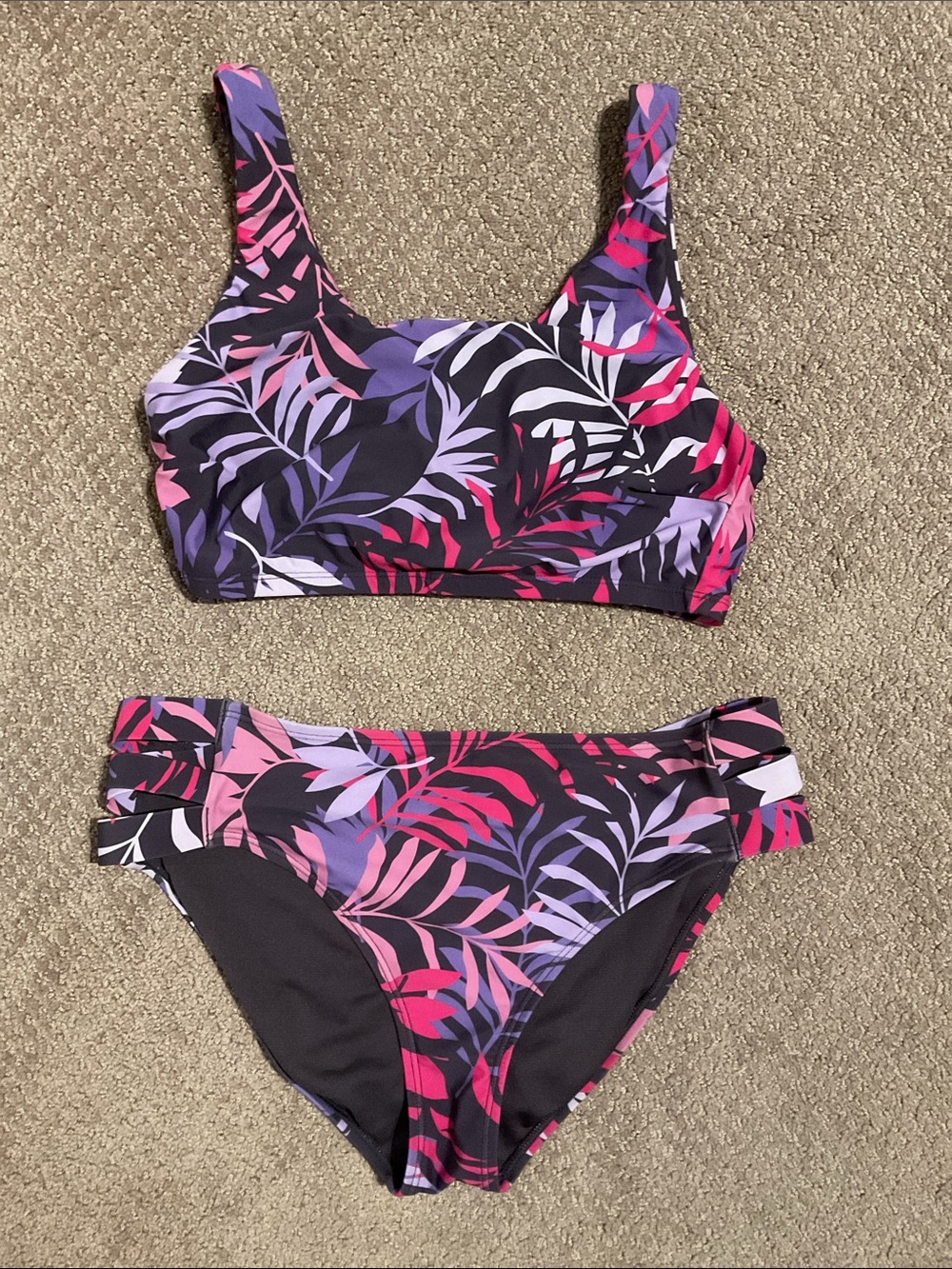 Tropical Print Two-Piece Bikini - Black, Purple & Pink